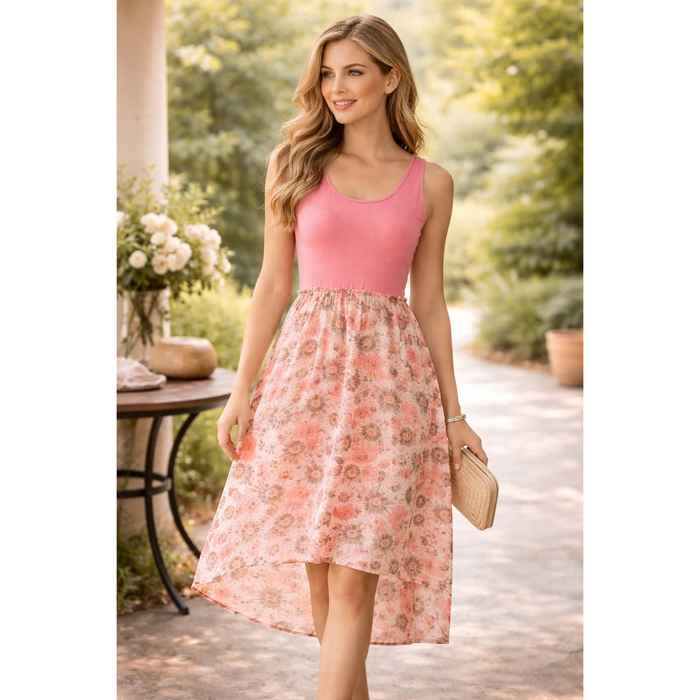 Junior's Light Pink Floral High-Low Maxi‎ Dress Size 16 | Crochet Lace Bodice